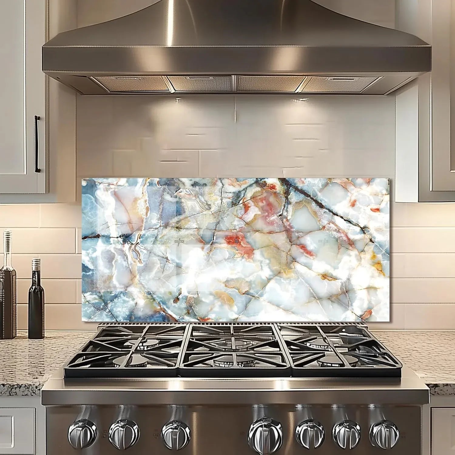 Marble pattern tempered glass kitchen backsplash behind stove, modern home decor