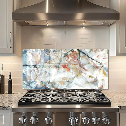Marble pattern tempered glass kitchen backsplash behind stove, modern home decor