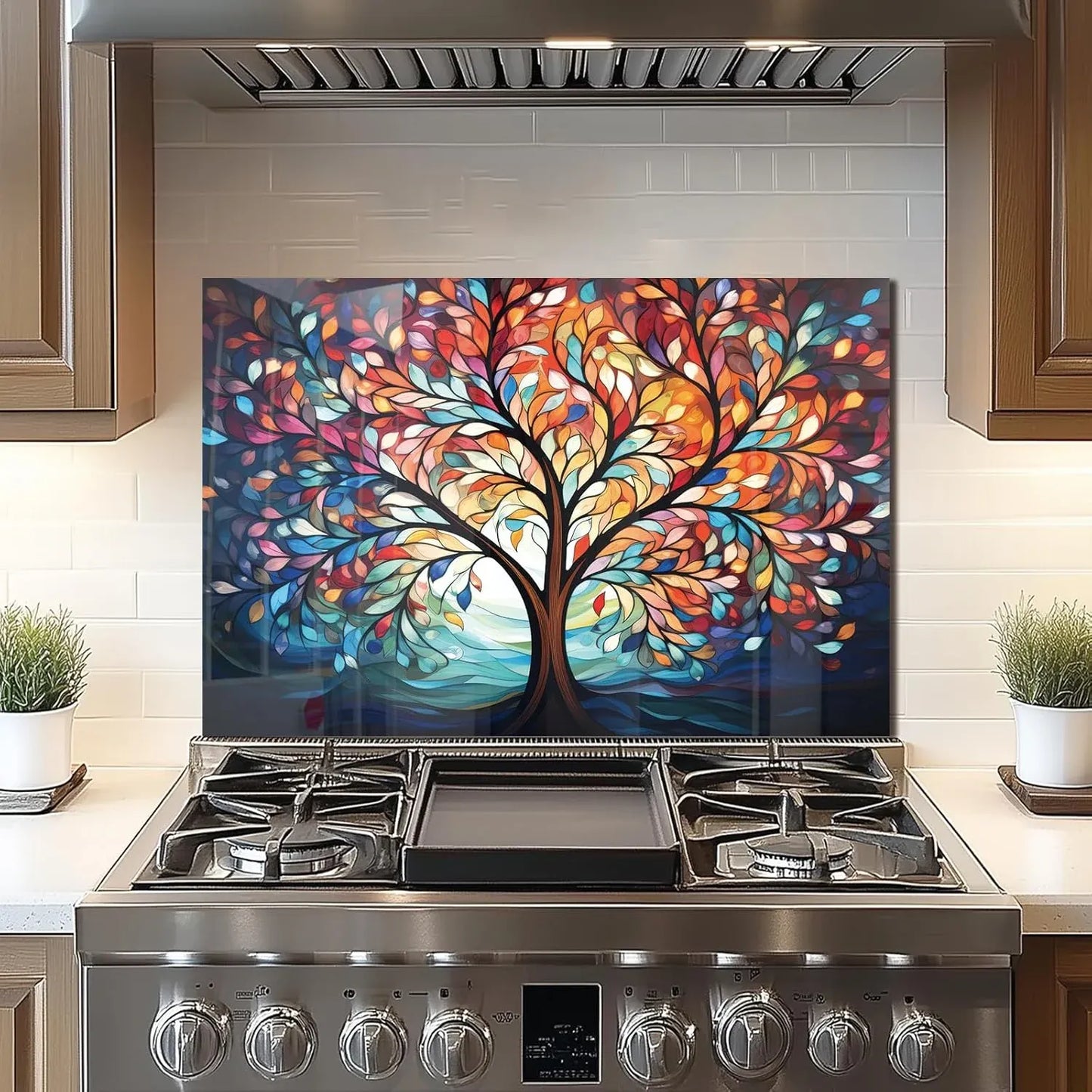 Colorful tempered glass tree of life kitchen backsplash above stove