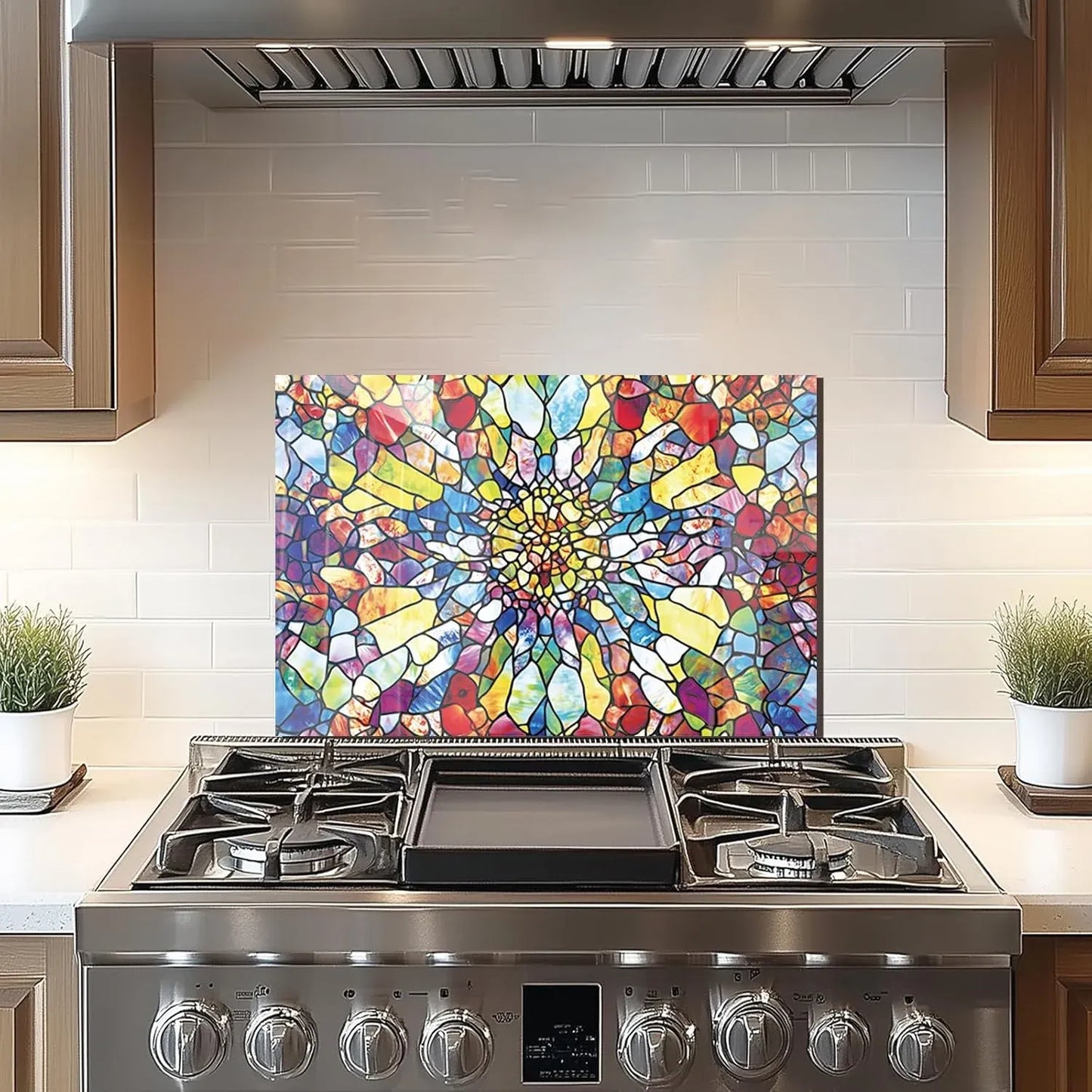 Colorful mosaic abstract tempered glass stove back cover with vibrant multicolored patterns.