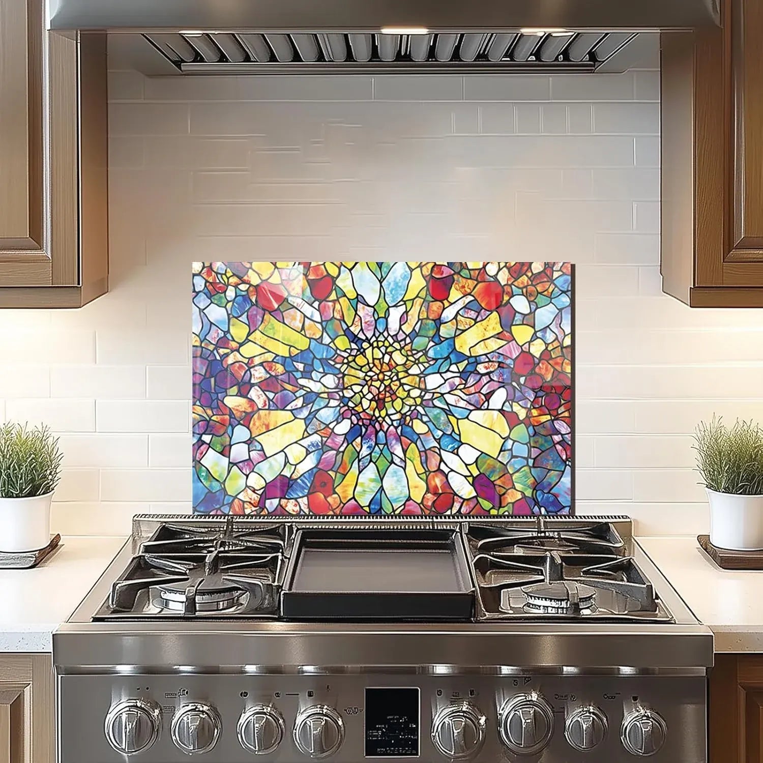 Colorful mosaic abstract tempered glass stove back cover with vibrant multicolored patterns.