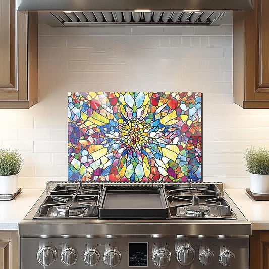 Colorful mosaic abstract tempered glass stove back cover with vibrant multicolored patterns.
