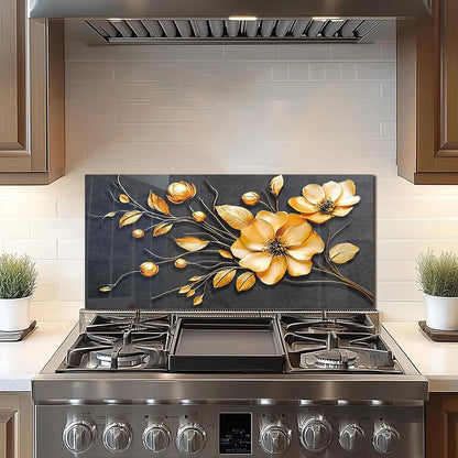 Tempered glass golden flower stove backsplash top cover with elegant floral design