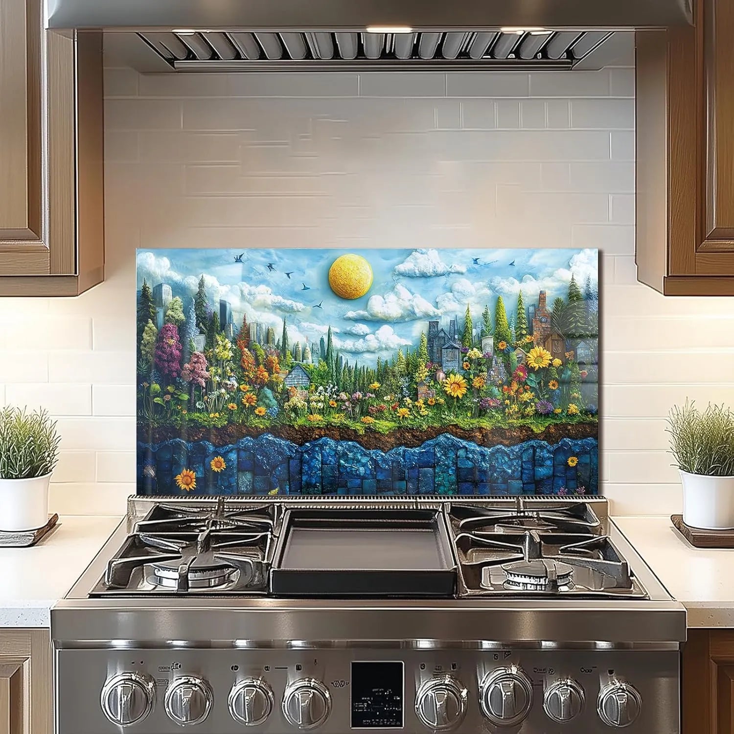 Garden scene tempered glass stove backsplash top cover installed above range