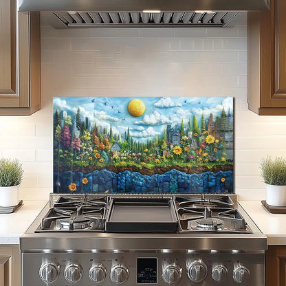 Garden scene tempered glass stove backsplash top cover installed above range