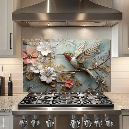 3D Hummingbird Tempered Glass Kitchen Backsplash with Floral Design