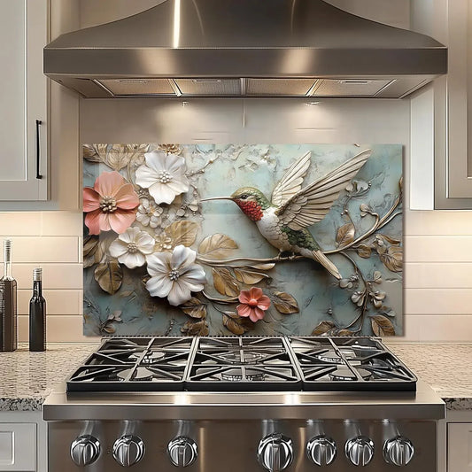 3D Hummingbird Tempered Glass Kitchen Backsplash with Floral Design