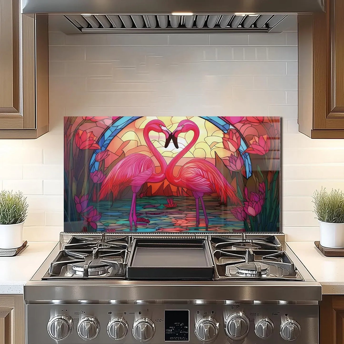 Pink flamingo tempered glass stove backsplash top cover - stained glass design