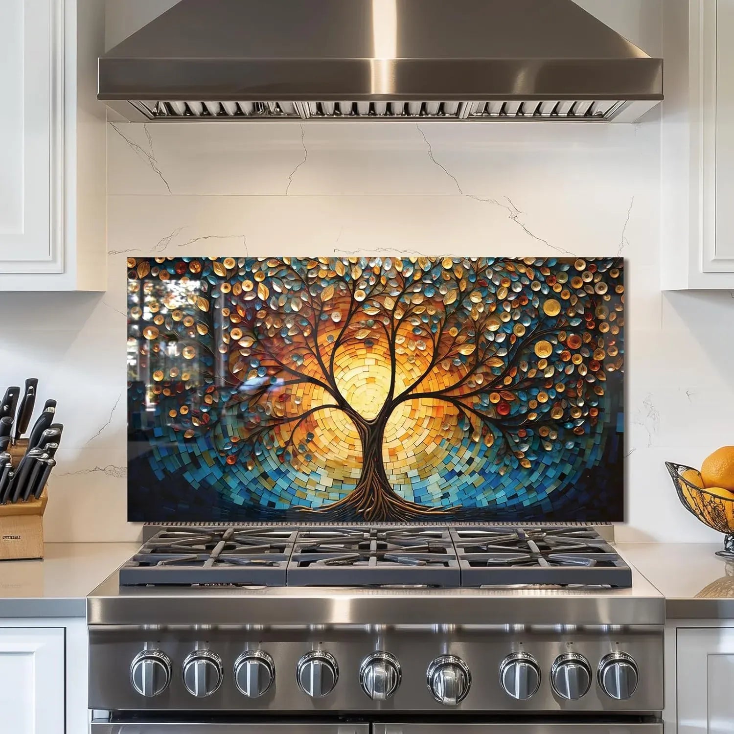 Tempered Glass Tree of Life Kitchen Backsplash above stainless steel stove, mosaic design