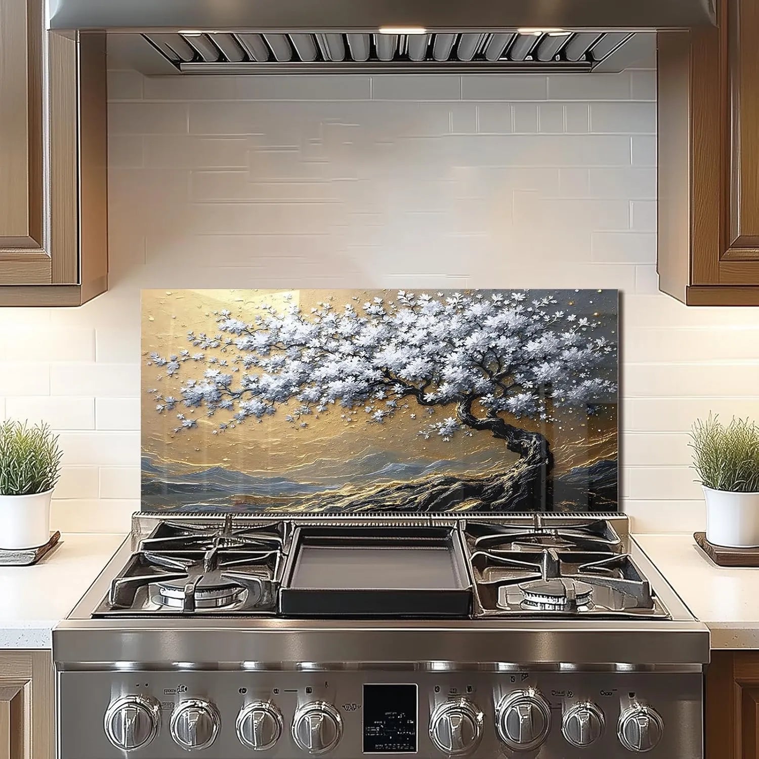 Gold and Silver Tree of Life Tempered Glass Kitchen Backsplash - Above Stove