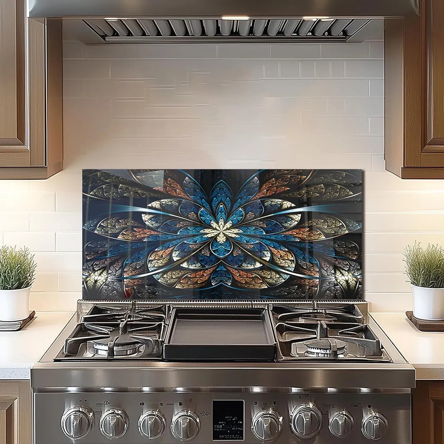 Abstract fractal flower design stove back top cover, vibrant blue and brown geometric pattern