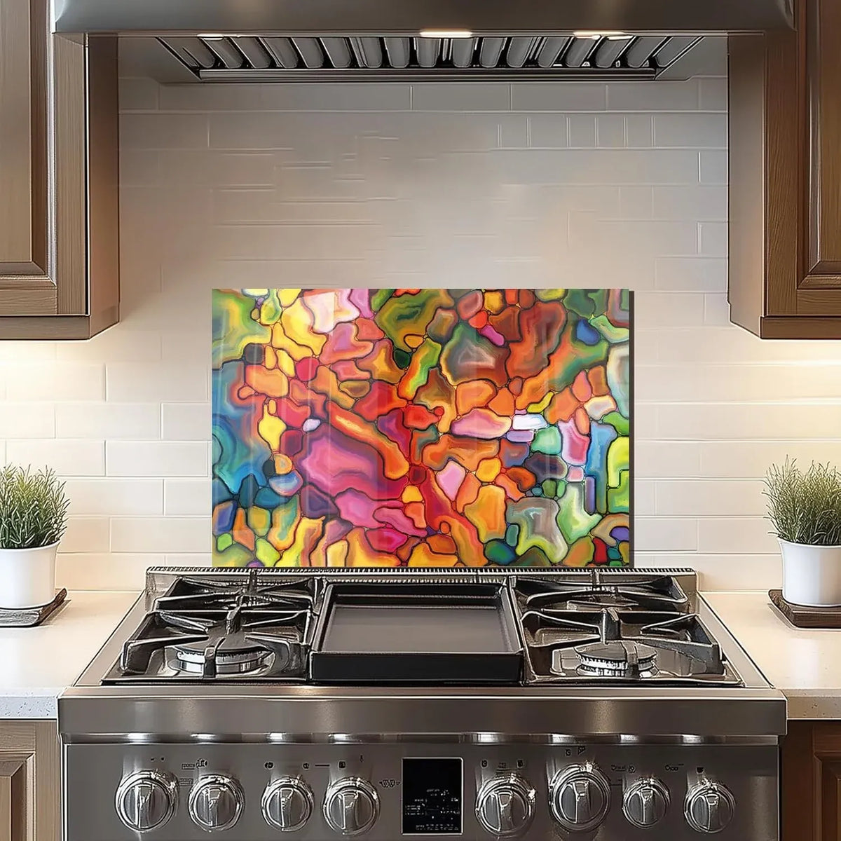 Colorful stained glass effect tempered glass backsplash for kitchen, vibrant abstract design