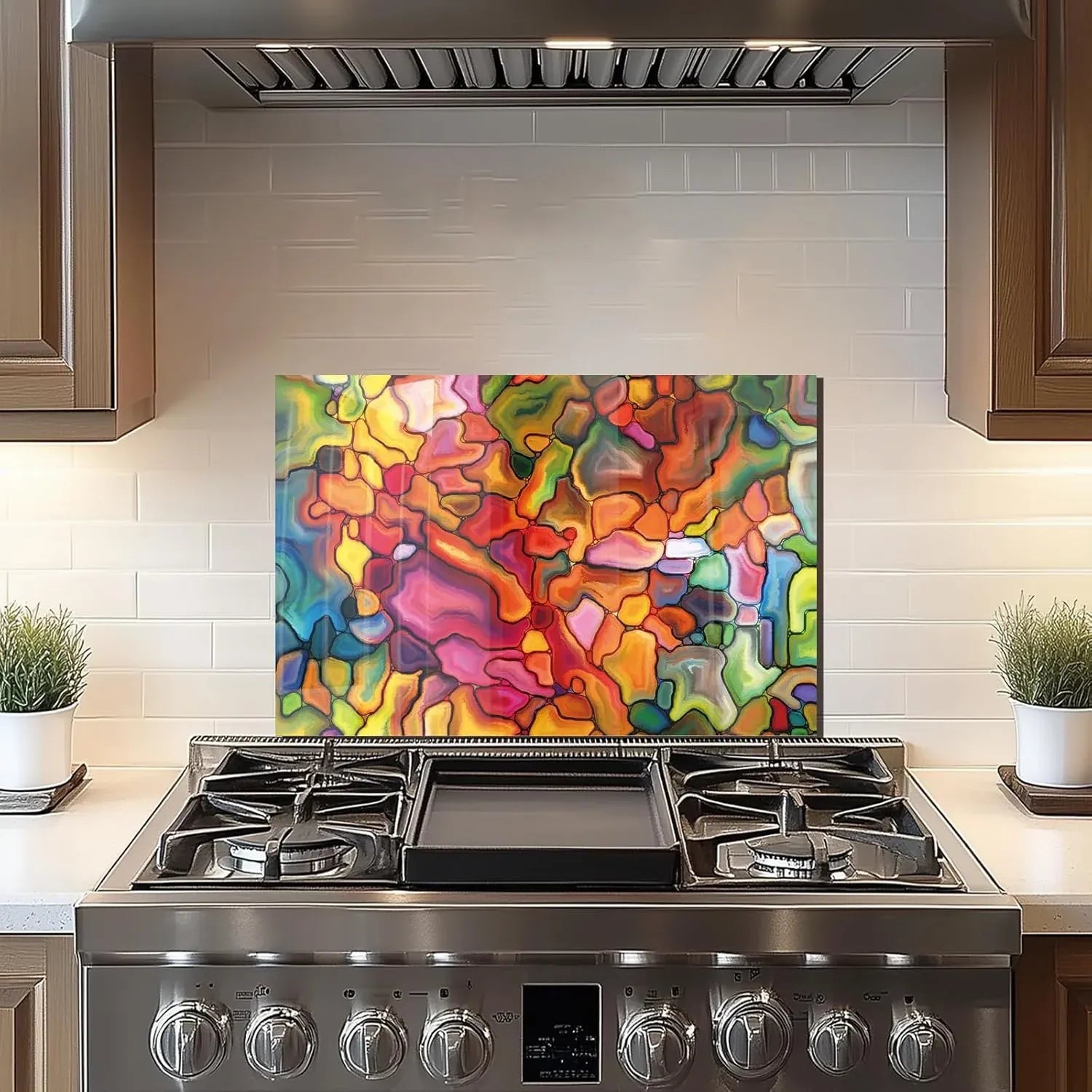 Colorful stained glass effect tempered glass backsplash for kitchen, vibrant abstract design
