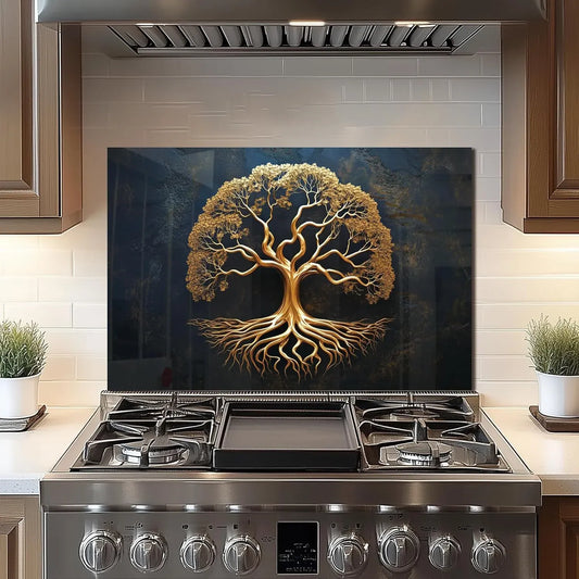 Tempered Glass Tree of Life Kitchen Wall Decor Splashback installed above stainless steel range