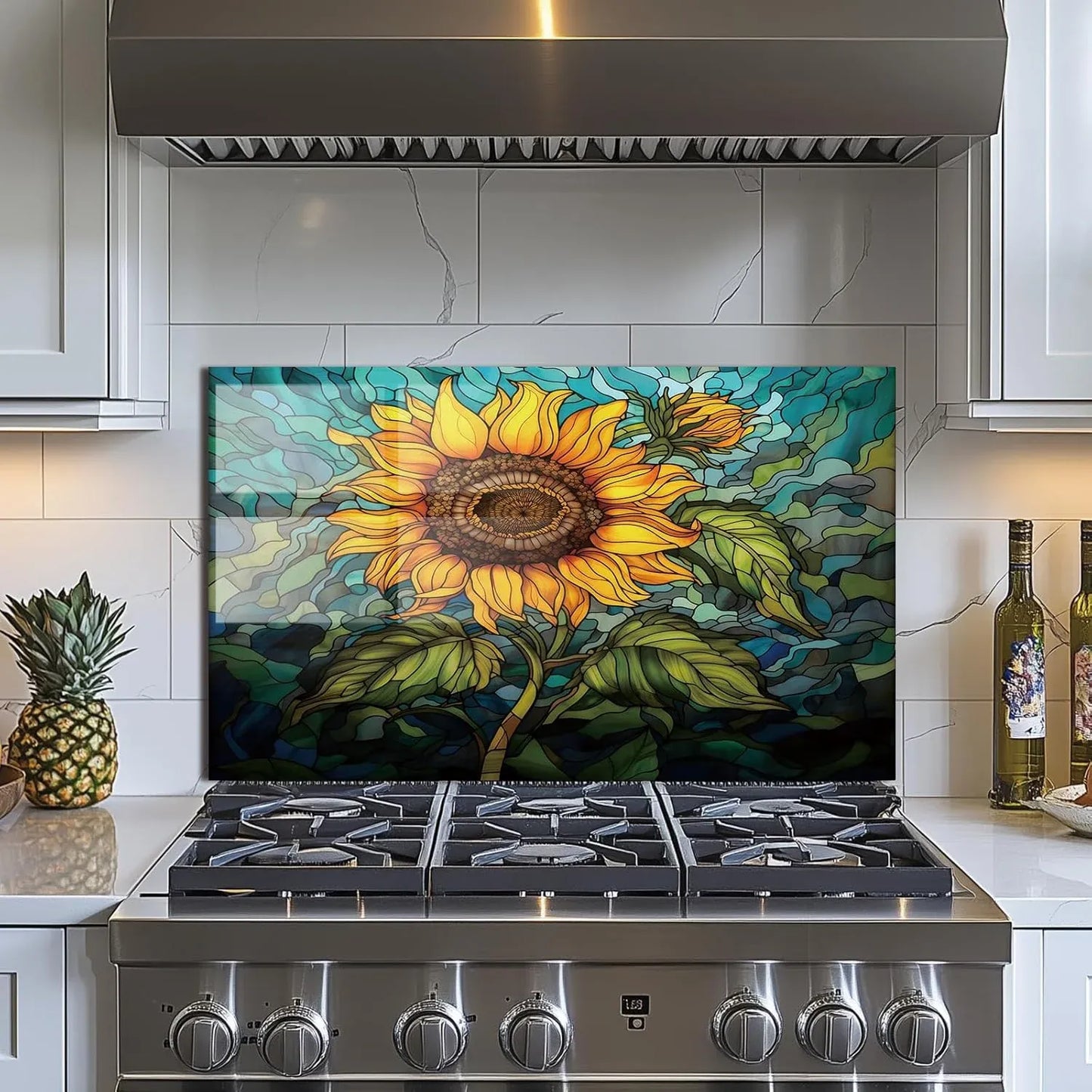 Sunflower Tempered Glass Backsplash with Stained Glass Effect for Kitchen Walls