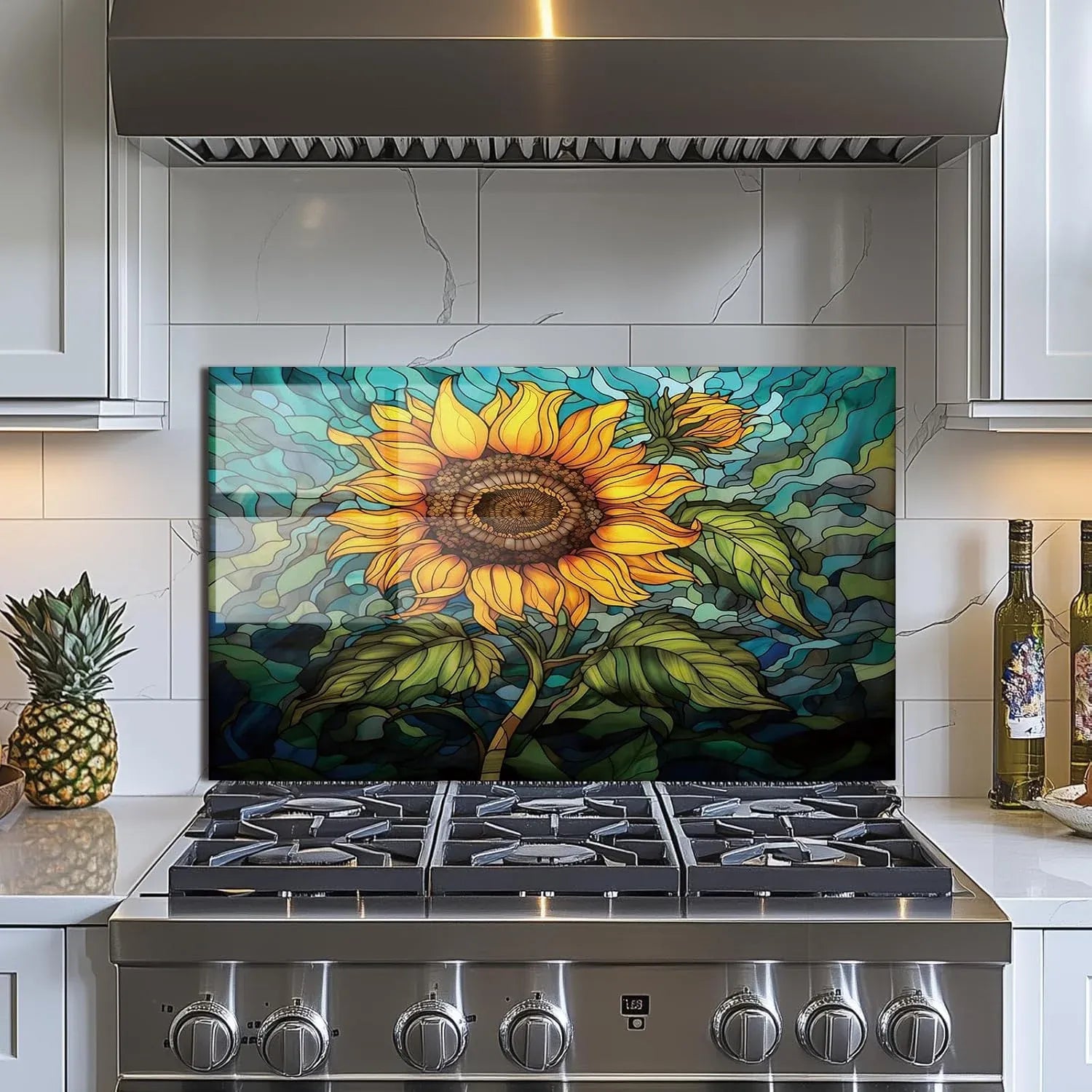 Sunflower Tempered Glass Backsplash with Stained Glass Effect for Kitchen Walls