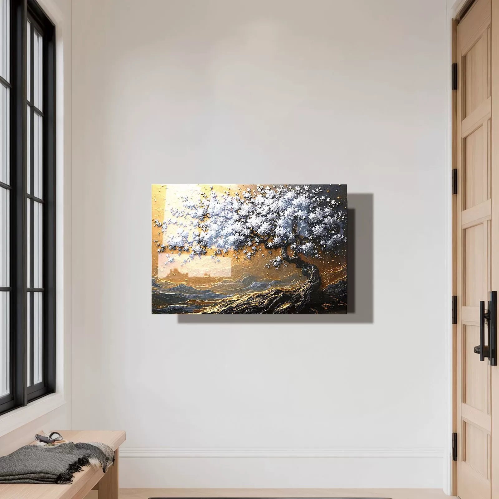 Tree of Life tempered glass handgun storage cabinet mounted as decorative wall art in home interior