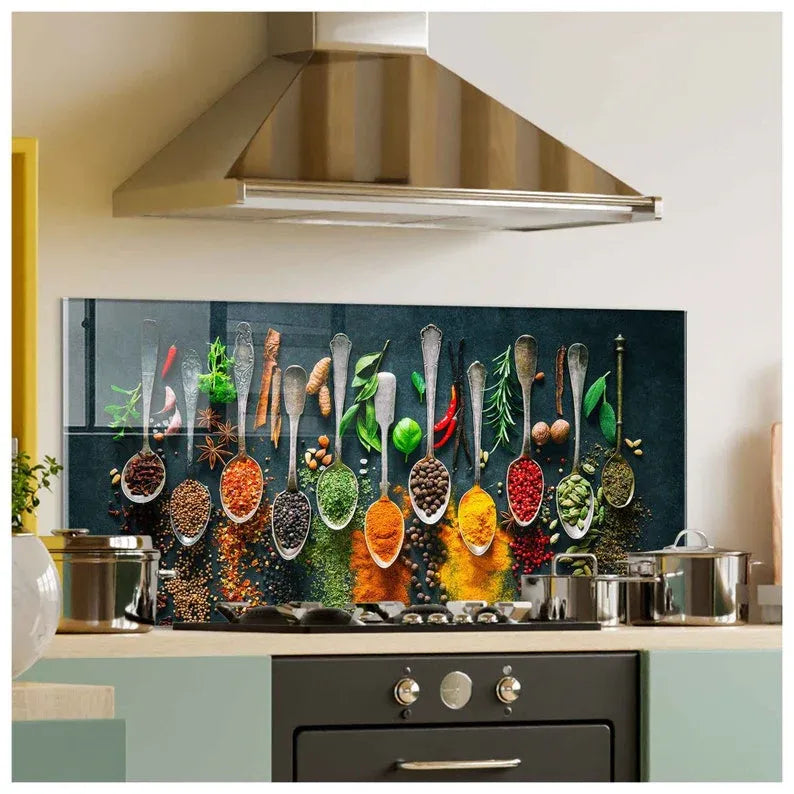Spices Tempered Glass Stove Backsplash - Multiple Spoon Varieties