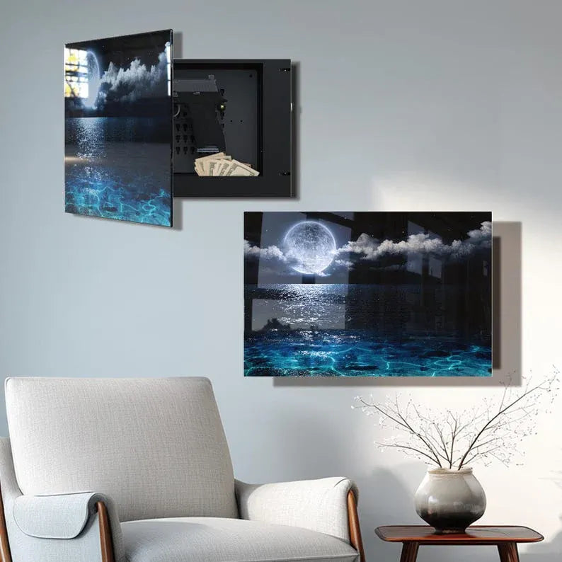 Glass Landscape Gun Storage Cabinet wall-mounted, moonlit ocean scene decor