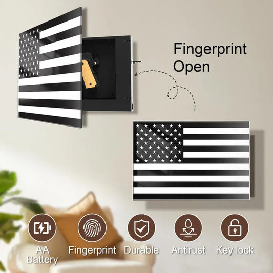 Glass American Flag gun storage cabinet with fingerprint open feature and durable tempered glass