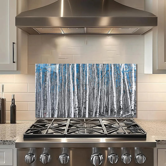 Poplar tree with blue leaves tempered glass kitchen backsplash over stove