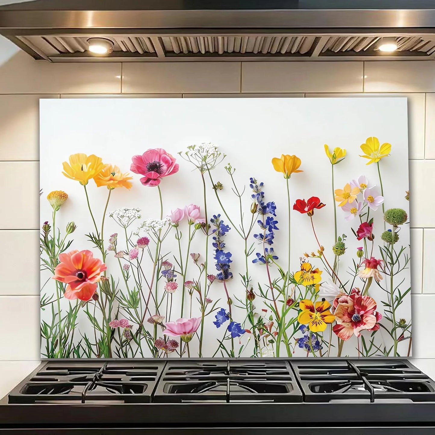 White Floral tempered glass kitchen backsplash close-up product view