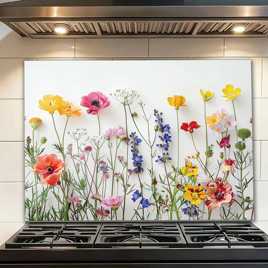 White Floral tempered glass kitchen backsplash close-up product view