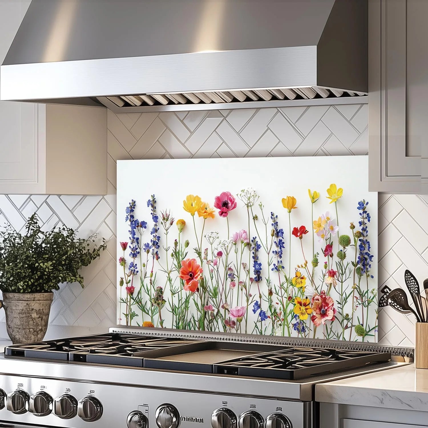 White Floral tempered glass kitchen backsplash size reference view