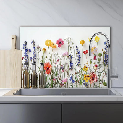 White Floral tempered glass kitchen backsplash installation detail