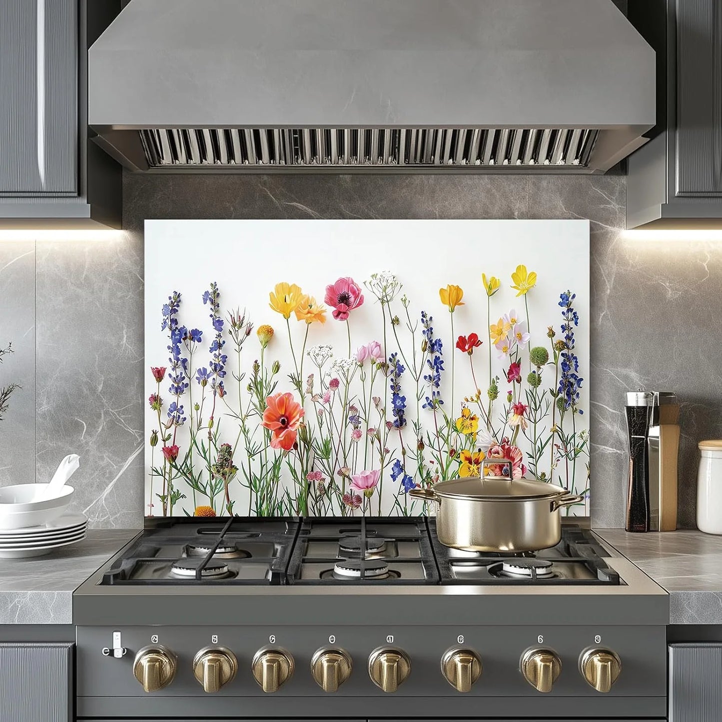 White Floral tempered glass kitchen backsplash glass surface detail