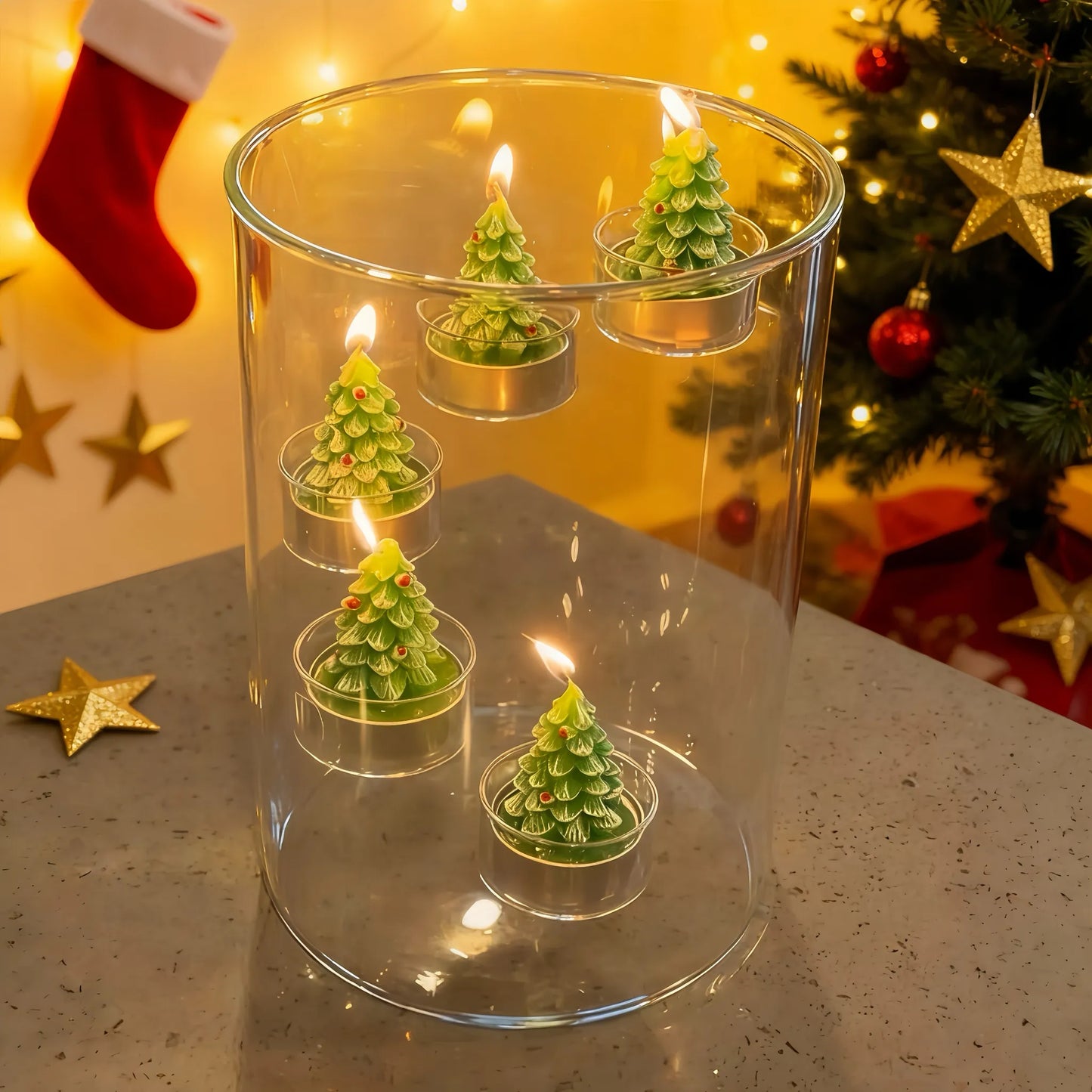 Mini Christmas Tree Candles Set in Glass Votive Holder