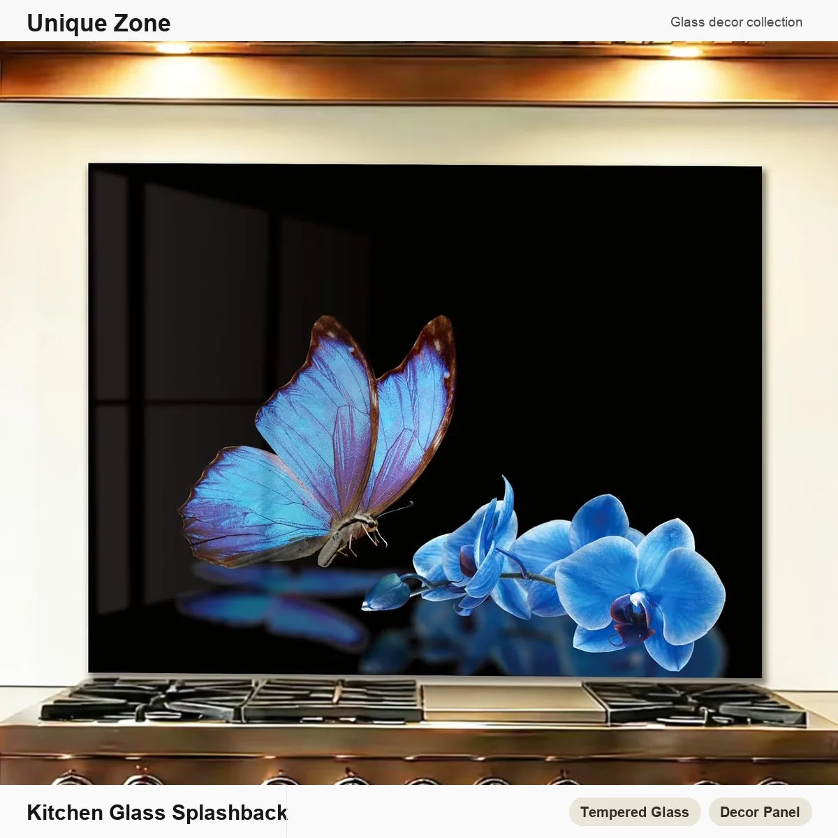 Blue Butterfly Flower tempered glass backsplash for a light kitchen wall protector