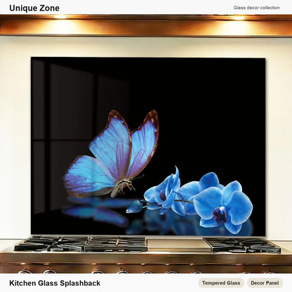 Blue Butterfly Flower Tempered Glass Kitchen Backsplash - Unique Zone branded kitchen backsplash main image