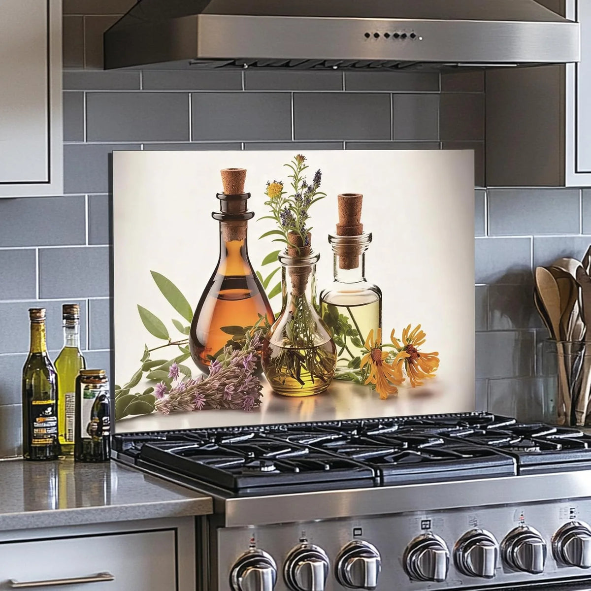 Herbs and Olive Oil tempered glass kitchen backsplash size reference view