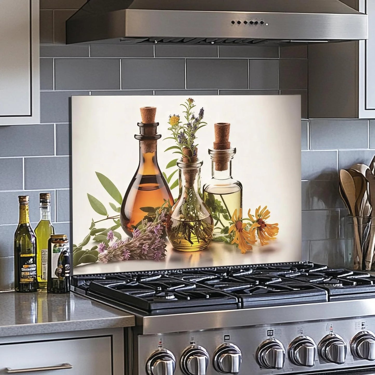 Herbs and Olive Oil tempered glass kitchen backsplash size reference view