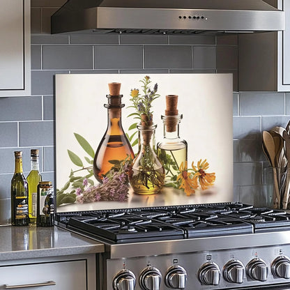 Herbs and Olive Oil tempered glass kitchen backsplash size reference view