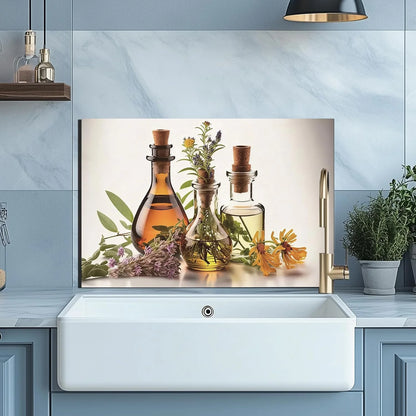 Herbs and Olive Oil tempered glass kitchen backsplash installation detail