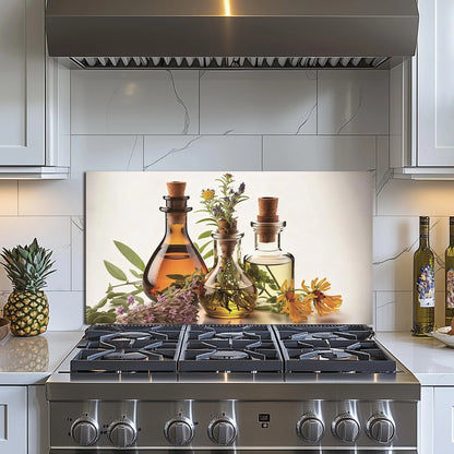 Herbs and Olive Oil tempered glass kitchen backsplash angled product view