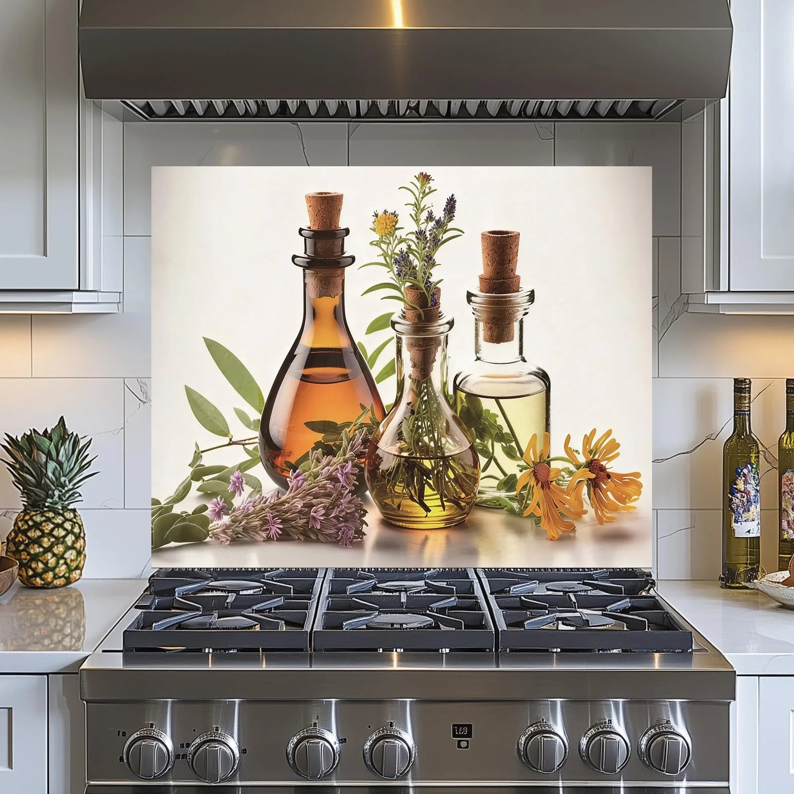 Herbs and Olive Oil tempered glass kitchen backsplash care detail view