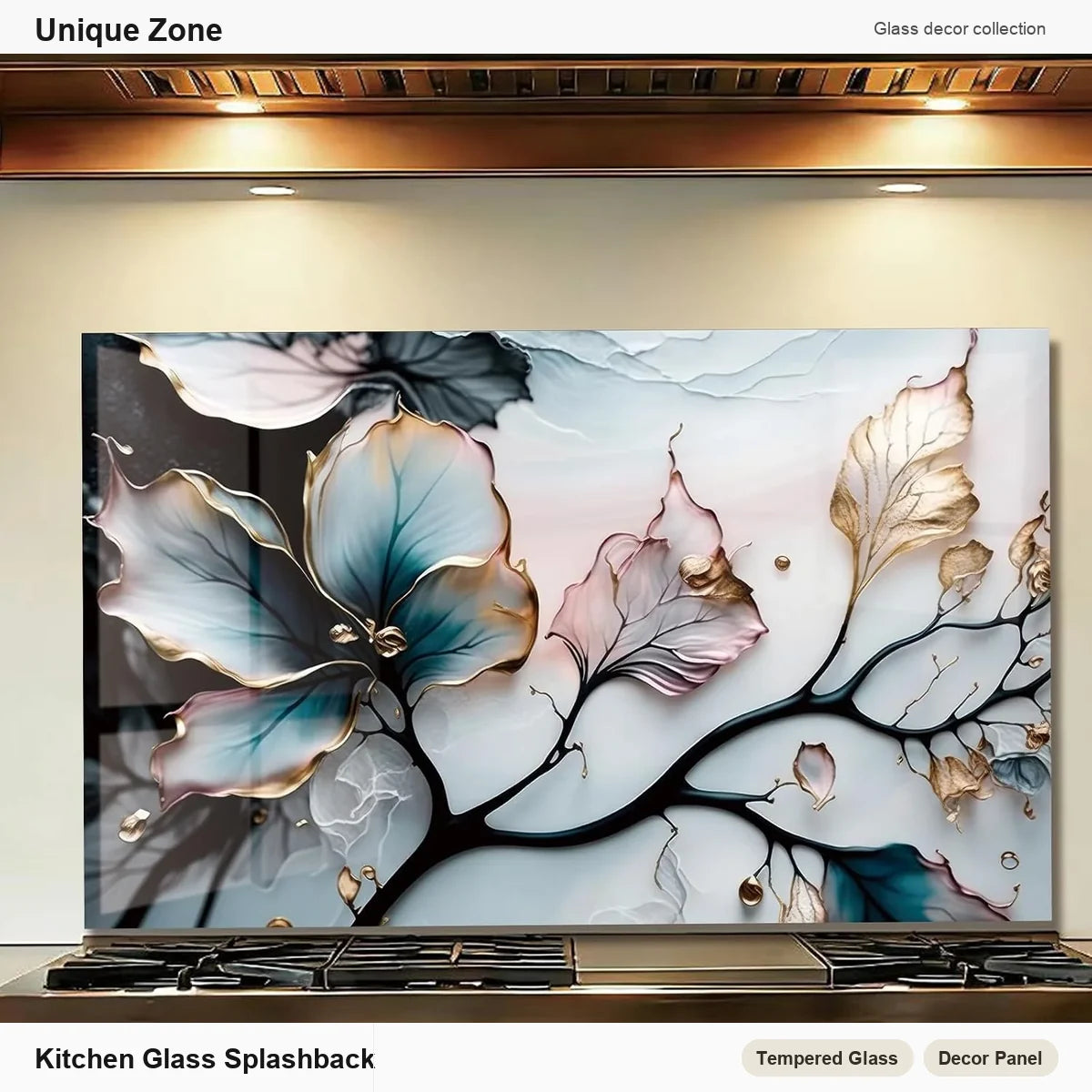 Colorful Leaves tempered glass backsplash for decorative protection in a white kitchen
