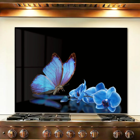 Blue Butterfly Flower tempered glass kitchen backsplash close-up product view