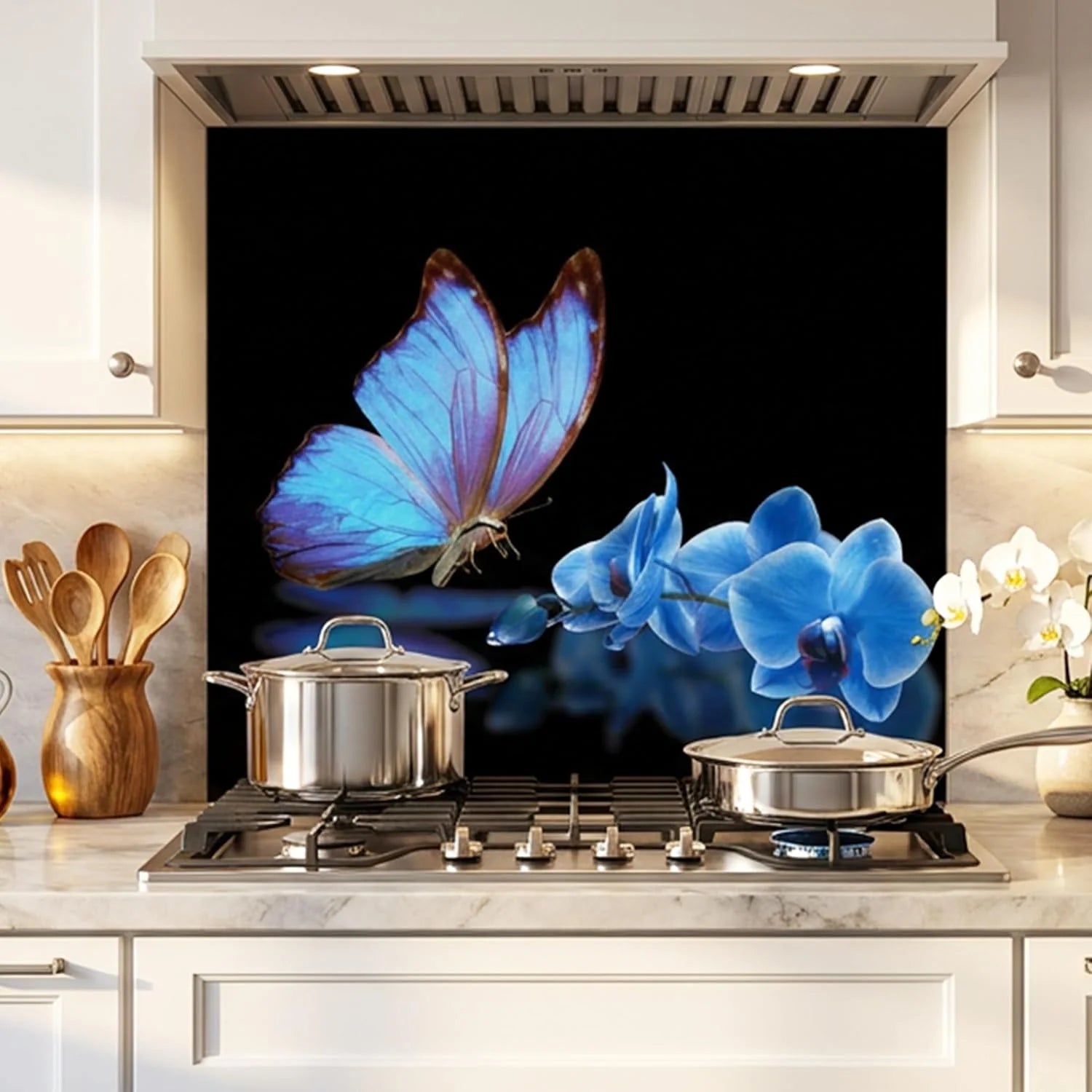 Blue Butterfly Flower tempered glass kitchen backsplash kitchen wall display