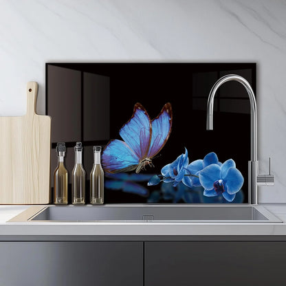 Blue Butterfly Flower tempered glass kitchen backsplash size reference view