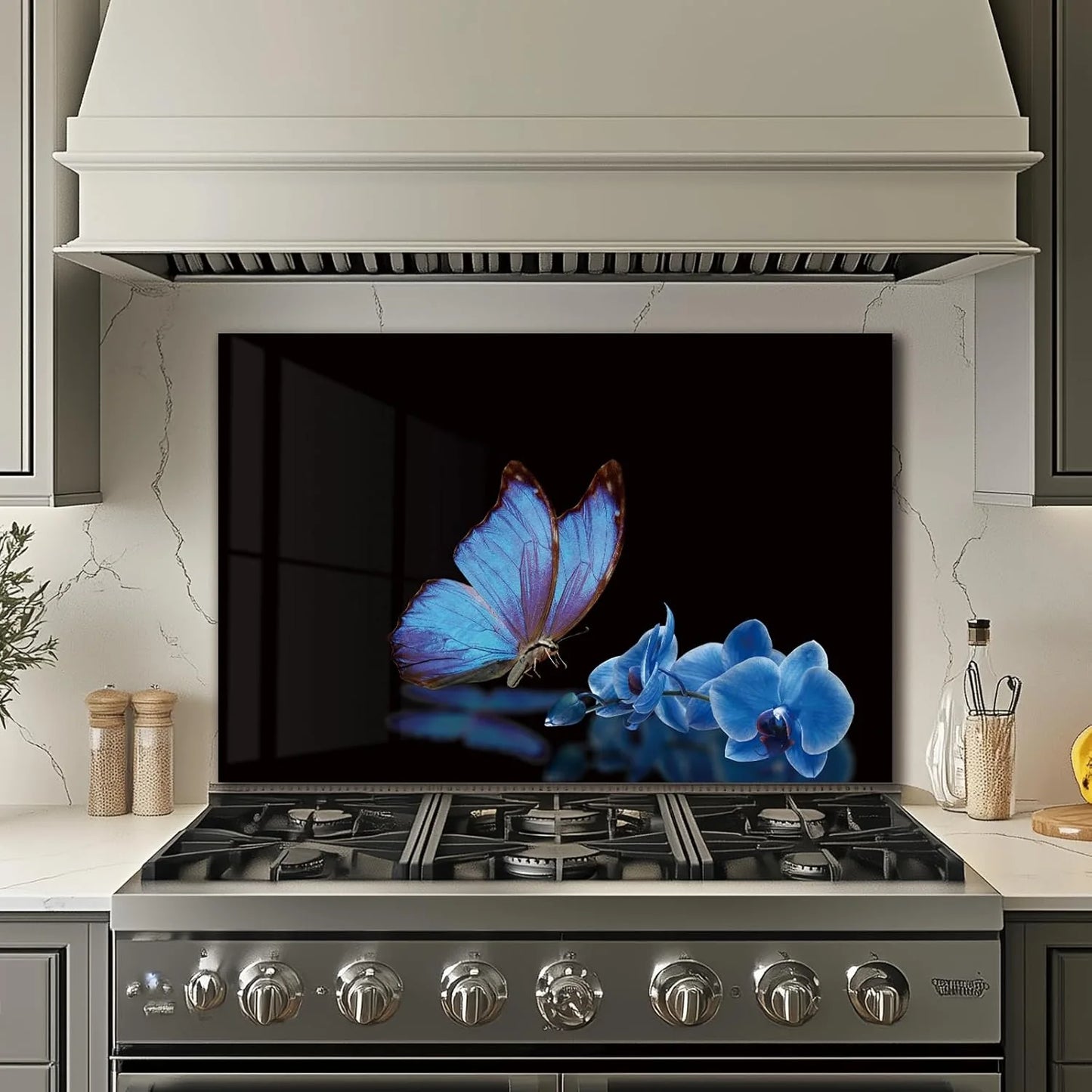 Blue Butterfly Flower tempered glass kitchen backsplash installation detail