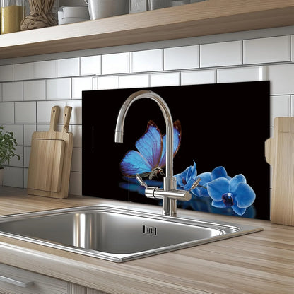 Blue Butterfly Flower tempered glass kitchen backsplash glass surface detail
