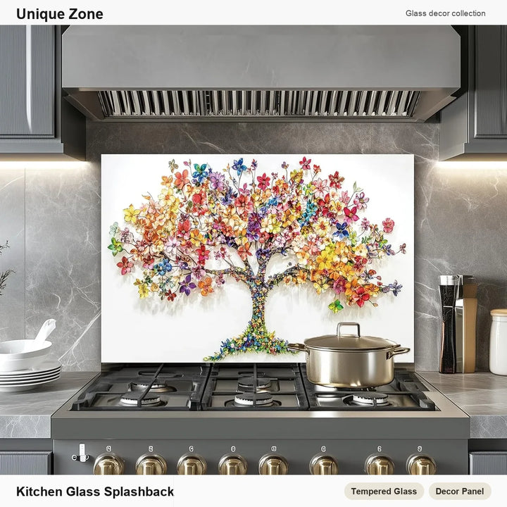 Colorful Tree of Life Tempered Glass Kitchen Backsplash