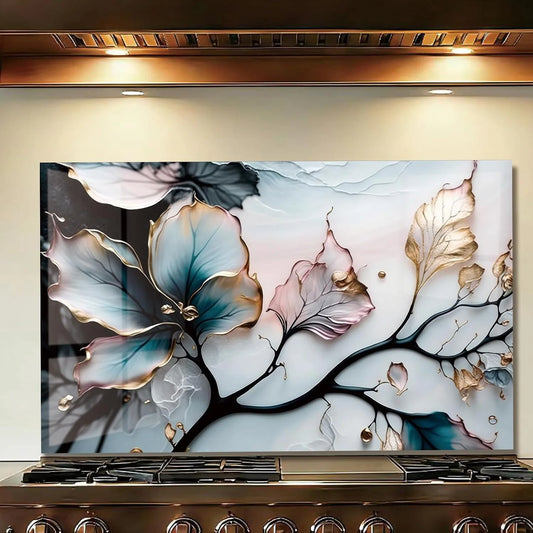 Colorful Leaves tempered glass kitchen backsplash close-up product view