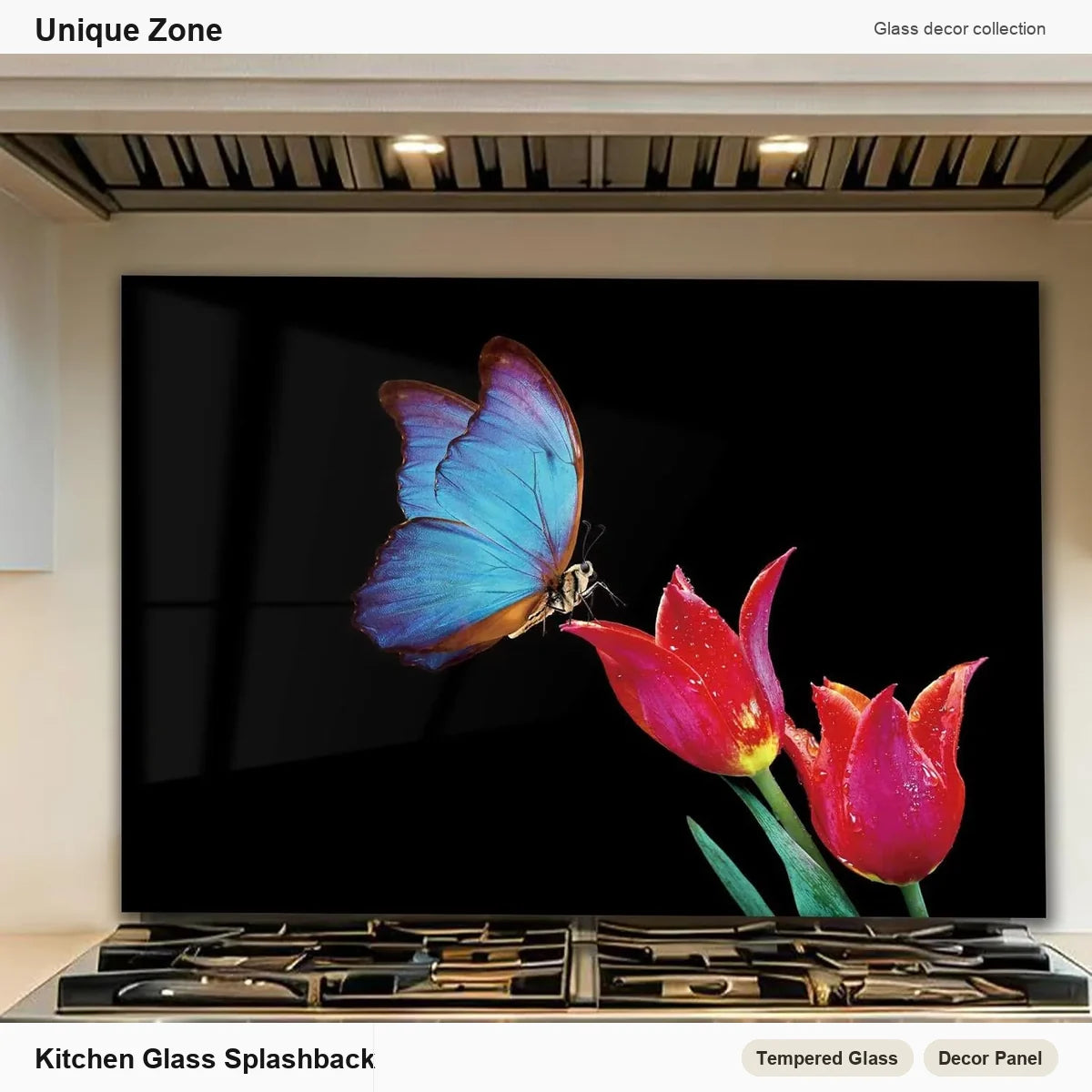 Blue Butterfly on Tulips Tempered Glass Kitchen Backsplash - Unique Zone branded kitchen backsplash main image