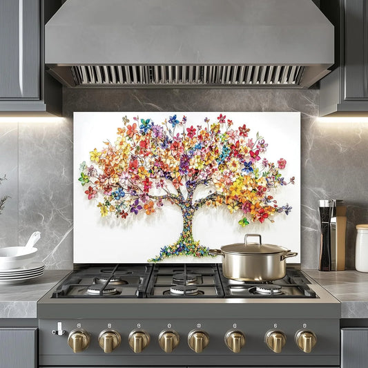 Colorful Tree of Life tempered glass kitchen backsplash glass surface detail