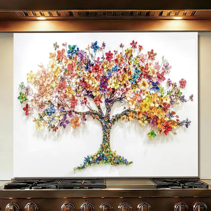Colorful Tree of Life tempered glass kitchen backsplash close-up product view